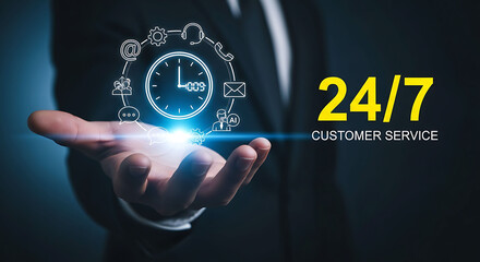 Obraz premium Businessman hand showing 24 7 customer service clock icon with AI assistance