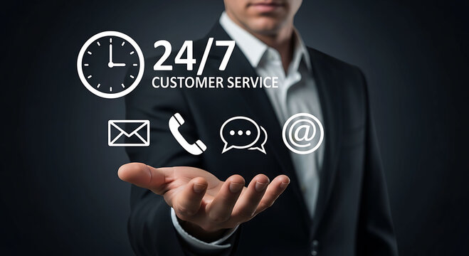 Businessman holding 24 7 customer service icons for support and communication