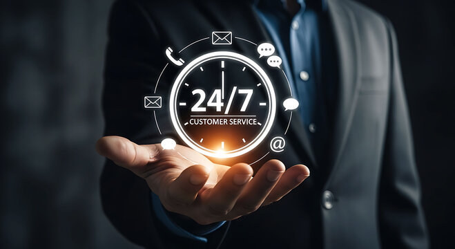 Businessman holding 24 7 customer service icon for round the clock support concept