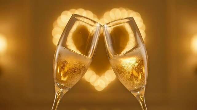 Romantic toast with two champagne glasses clinking against a warm heart-shaped bokeh background