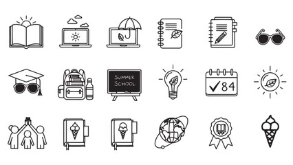 Fototapeta premium Summer School Seasonal Education and Kids Learning Activity Icon Set for Academic App UI Web Design