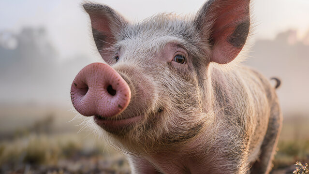 Pig close-up portrait with countryside background. Suitable for farm product advertising, agribusiness banners and rural website visuals.
