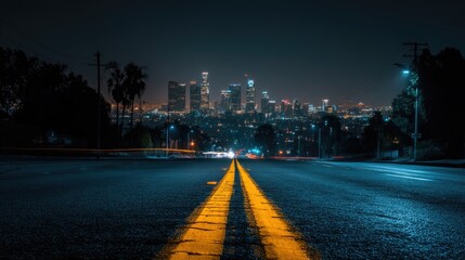 Fototapeta premium Nighttime Cityscape of Los Angeles with a Wide Open Road Leading to a Bright Urban Skyline Dotted with Lights and Palm Trees under a Dark Sky