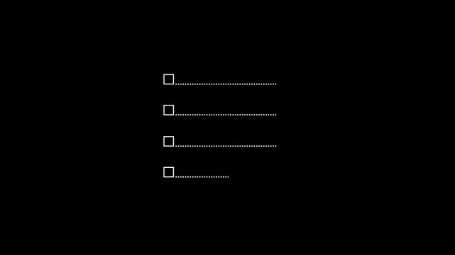 Minimalist checklist on the dashed line icon with check marks and cross animation on black background. Question and answer checklist with right or wrong concept checklist box.