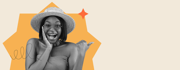 A woman shows excitement by smiling widely and pointing towards the right. She wears a straw hat...