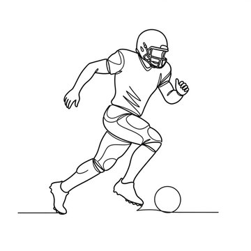A black and white line art illustration of an American football player running with the ball