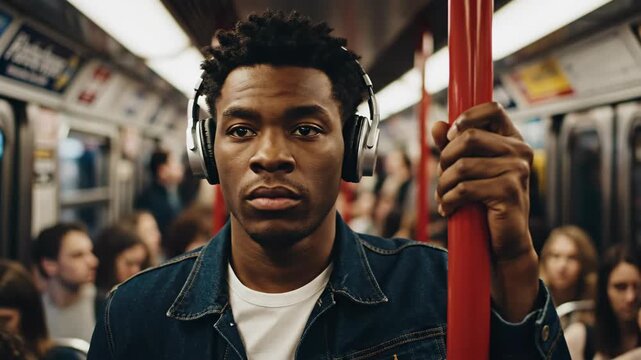 serious african american man in denim jacket listening to music in subway train. young passenger holding handrail during daily commute. urban lifestyle, public transport.