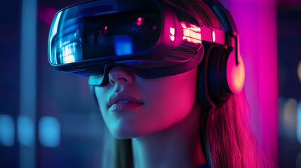 Close-up of female VR developer testing virtual reality headset in innovation lab, immersive technology concept