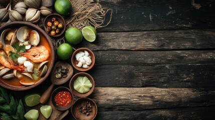 Fototapeta premium Delicious seafood dish with shrimp and clams, vibrant ingredients in bowls, fresh herbs, spices, and limes on rustic wooden table background