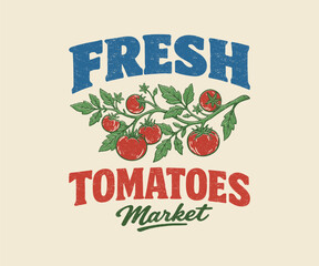 Vintage Fresh Tomatoes Market Illustration - Retro Farmers Market Graphic with Red Tomatoes on the Vine - Classic Hand-Drawn Organic Vegetable Garden Apparel T-Shirt Design Art © MD MAIDUL ISLAM