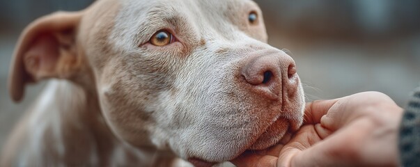 Close-Up of a Gentle Dog Receiving Affection from a Human Hand with Expressive Eyes and Soft Fur in a Natural Outdoor Setting