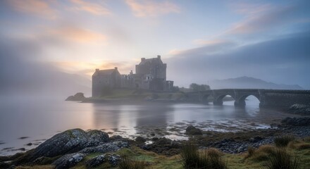 Ethereal landscape of a majestic castle on a serene lake at sunrise with a bridge and foggy atmosphe