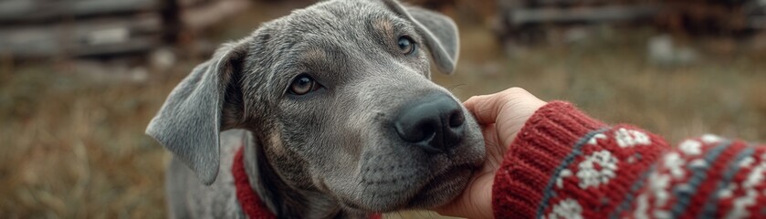 Gentle Interaction Between an Adorable Gray Puppy and a Human Hand in a Cozy, Autumn Outdoor Setting Surrounded by Nature's Beauty