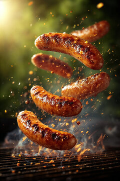 Golden grilled sausages flying above barbecue grill with sparks and seasoning in outdoor cooking scene.