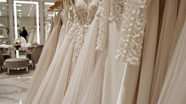 Wedding dresses hanging on a rack in a boutique. Bride selecting gown for marriage ceremony. Fashion retail store interior with bridal luxury clothing.