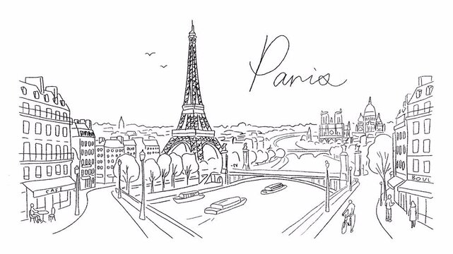 Pencil sketch animation of Paris city landscape on white background