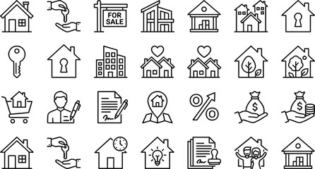 A set of black line style icons depicting various business and communication concepts on a pure white background, including shop, graph, briefcase, eye, gear, handshake, document, target, megaphone, l © Anaya