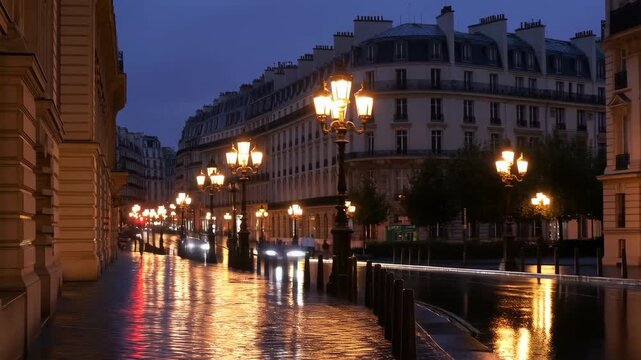 Street Paris with wet pavement and street lamps on a rainy night featuring cinematic, timelapse, city with lampposts and buildings elements for