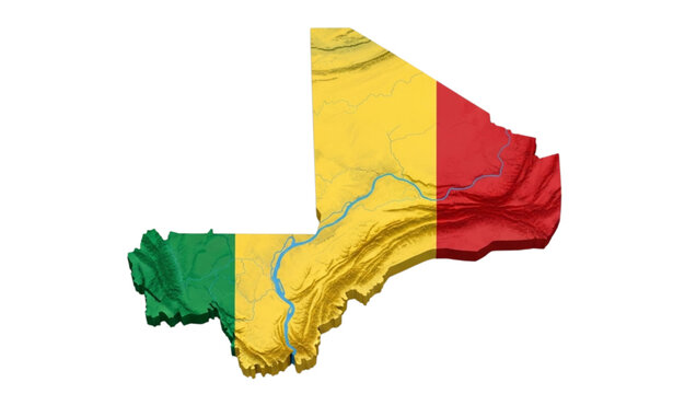 A colorful illustration of the Mali flag design on a map