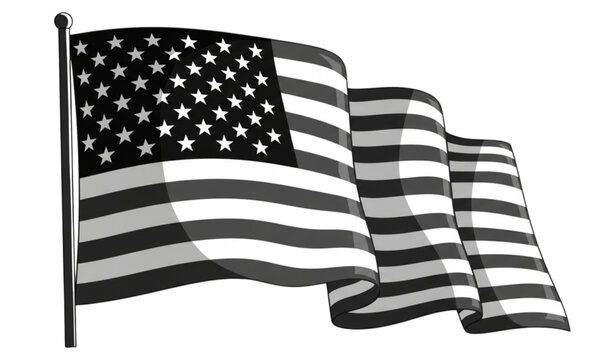 A black and white illustration of the American flag waving on a pole