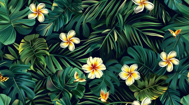 Tropical jungle pattern with parrots plumeria flowers and lush green leaves background