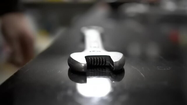 Adjustable Wrench on Dark Surface Closeup.