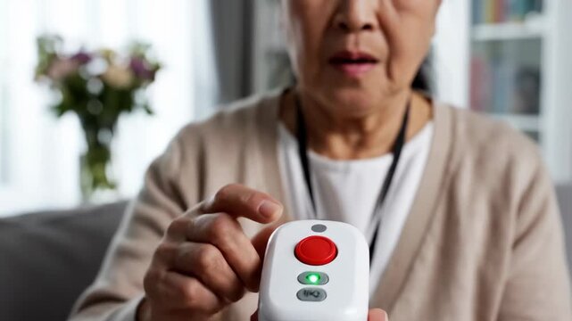 Asian woman presses red emergency button on medical alert pendant. Senior safety device activation for health crisis support. Elderly care and home alert system.