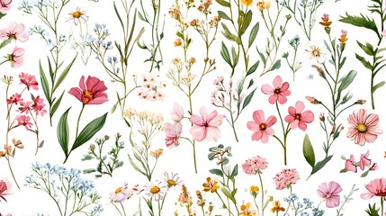 Seamless Watercolor Wildflower Meadow Pattern with Pink Blossoms on White Background