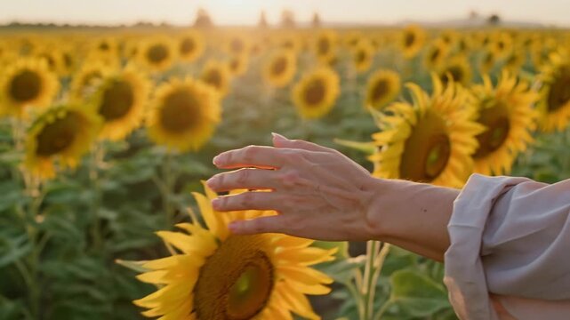 Woman hand touching blooming yellow sunflower field sunny weather summer vacation nature agriculture floral landscape travel relaxing outdoor farm botany