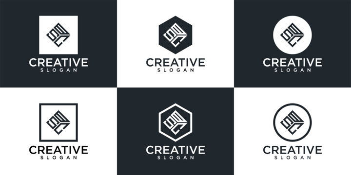 Collection of six modern abstract geometric parallel lines logo designs presented on a checkerboard background, ideal for creative branding.