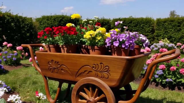 Wooden wheelbarrow filled with colorful flowers.