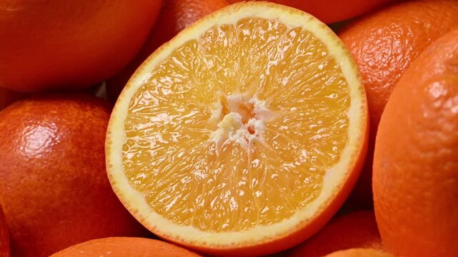 Fresh orange slice surrounded by ripe oranges, natural citrus ingredient for cooking, recipes and fresh juice. Juicy fruit texture symbolizing healthy food and vitamin rich nutrition.