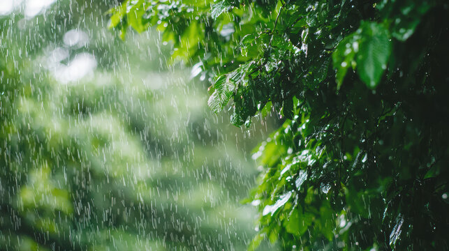 Fresh green leaves glisten as raindrops fall du a gentle summer rain shower, creating a calming and refreshing atmosphere in nature's embrace outdoors.