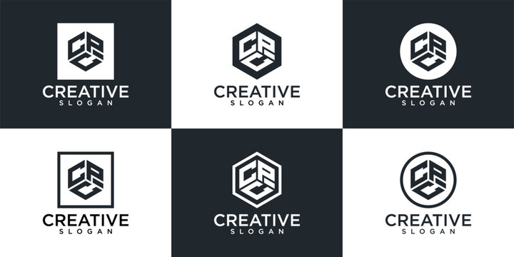 Collection of abstract cube and hexagonal logos with implied letter C or E designs, showcased with 'CREATIVE SLOGAN' text on white and black backgrounds