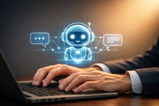 AI Customer Support Chatbot Interface with Businessman Using Laptop for Artificial Intelligence Automation
