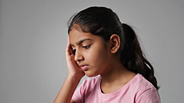 worried indian girl touching forehead, trying to remember something. child looking confused and stressed. memory loss, headache or mistake concept. education, healthcare.