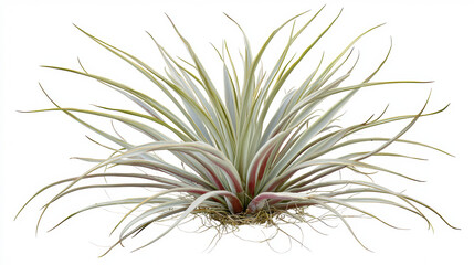 Fototapeta premium Close-up shows an exotic air plant with thin, curving leaves radiating outward from a central base, set against a clean, bright, and isolated white background.