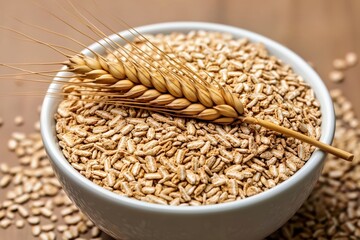 Obraz premium A Detailed Golden Wheat Ear Resting On A White Ceramic Bowl Filled With Bran, Representing Natural Agriculture And Wholesome Organic Nutrition Concepts
