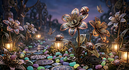 Obraz premium Steampunk garden with mechanical flowers and insects