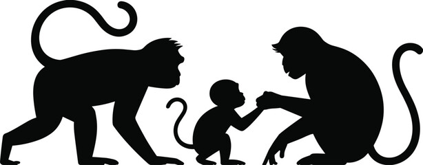Black silhouette of a monkey family with mother, father, and baby primate interacting on white background, wildlife vector illustration for animal nature concepts. © Mahamudul