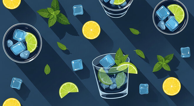 Ilustraci&oacute;n isometrica c&oacute;cteles de ginebra con lima con fondo azul 