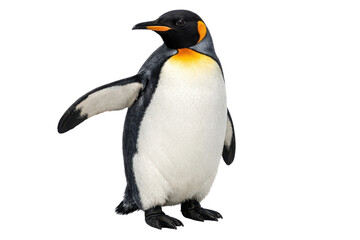 Majestic King Penguin standing upright with black and white feathers, vibrant orange-yellow neck patch, and black beak, captured in a clear, isolated studio shot. isolated PNG with Transparent