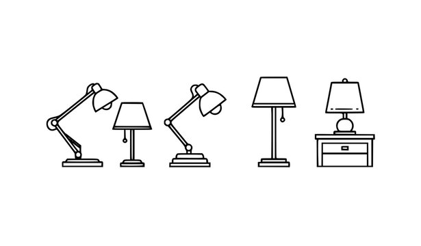 Black and white lamp collection vector set table desk and floor lamp outline icons