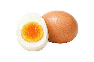 Perfectly cooked brown hard-boiled egg cut in half revealing a vibrant orange yolk next to a whole raw egg, showcasing healthy protein food isolated PNG with Transparent Background