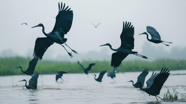 A flock of black herons flies over a misty wetland, some landing and others soa, creating a dramatic wildlife scene in their natural habitat at dawn.