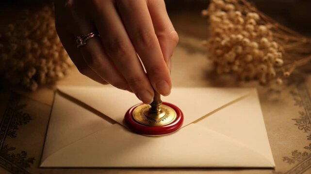 Close up of a woman's hand pressing a brass stamp into hot red wax to seal a romantic love letter with a heart shape, vintage aesthetic.
