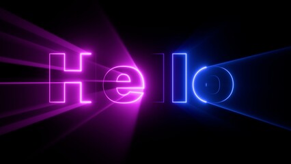 Hello word neon outline text with glowing pink and blue light rays on black background © Tilak