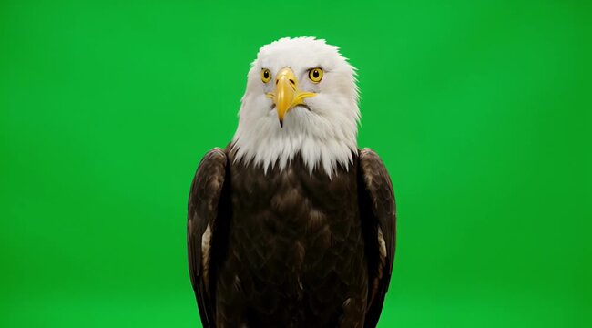 Powerful bald eagle turning its head to stare directly at camera on green screen clip.