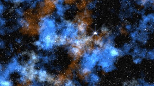 Seamless loop galaxy exploration through outer star space rotation glowing orange blue cloud milky way galaxy. HD looping animation of flying through glowing nebulae, clouds and stars field. 