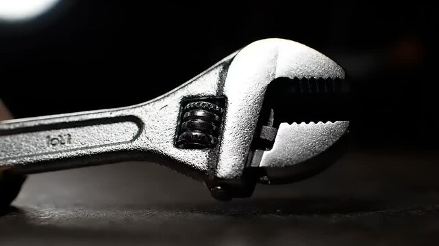 Adjustable Wrench Tool Closeup on Dark Background.